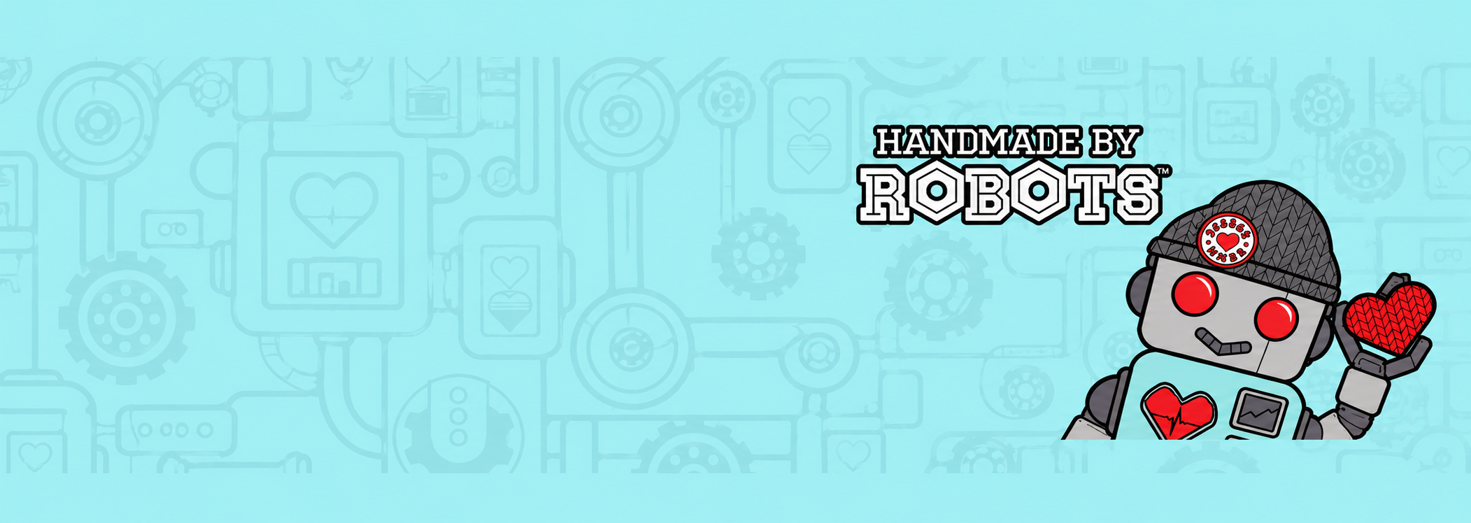Handmade by Robots logo and robot mascot holding a heart